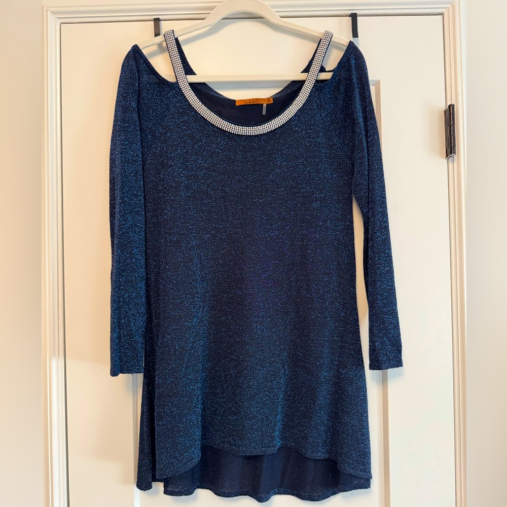 Elegant Blue Women's Top with Embellished Neckline
